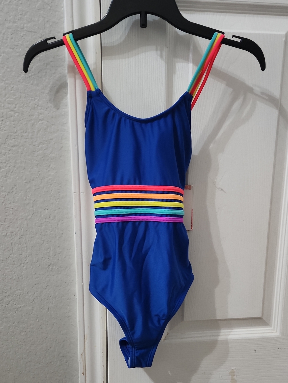 Hobie Girls' Blue One-Piece Swimsuit with Rainbow Straps - NWT Girl's Size 12